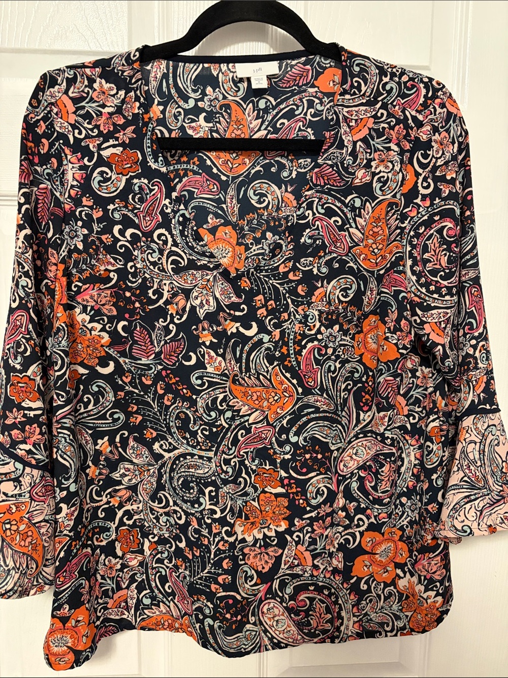 J. Jill Navy Paisley Blouse with Orange and Pink Accents